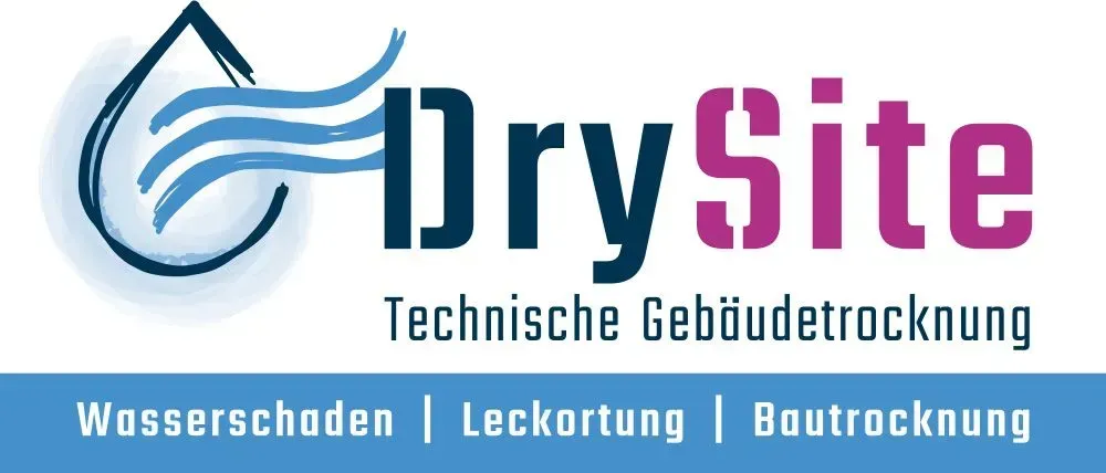 Das DrySite-Logo mit blauem Wassertropfen und Text für technische Gebäudetrocknungsdienste, Wasserschadenbeseitigung, Leckortung und Bautrocknung
