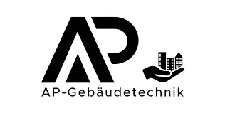 AP-Gebäudetechnik-Logo mit schwarzen, stilisierten AP-Buchstaben und einem kleinen Gebäudesymbol