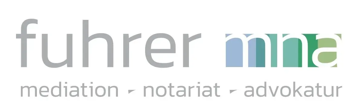 Logo mit der Aufschrift „Führer MNA“ in grauer und türkisfarbener Schrift und dem Slogan „Mediation - Notariat - Anwalt“