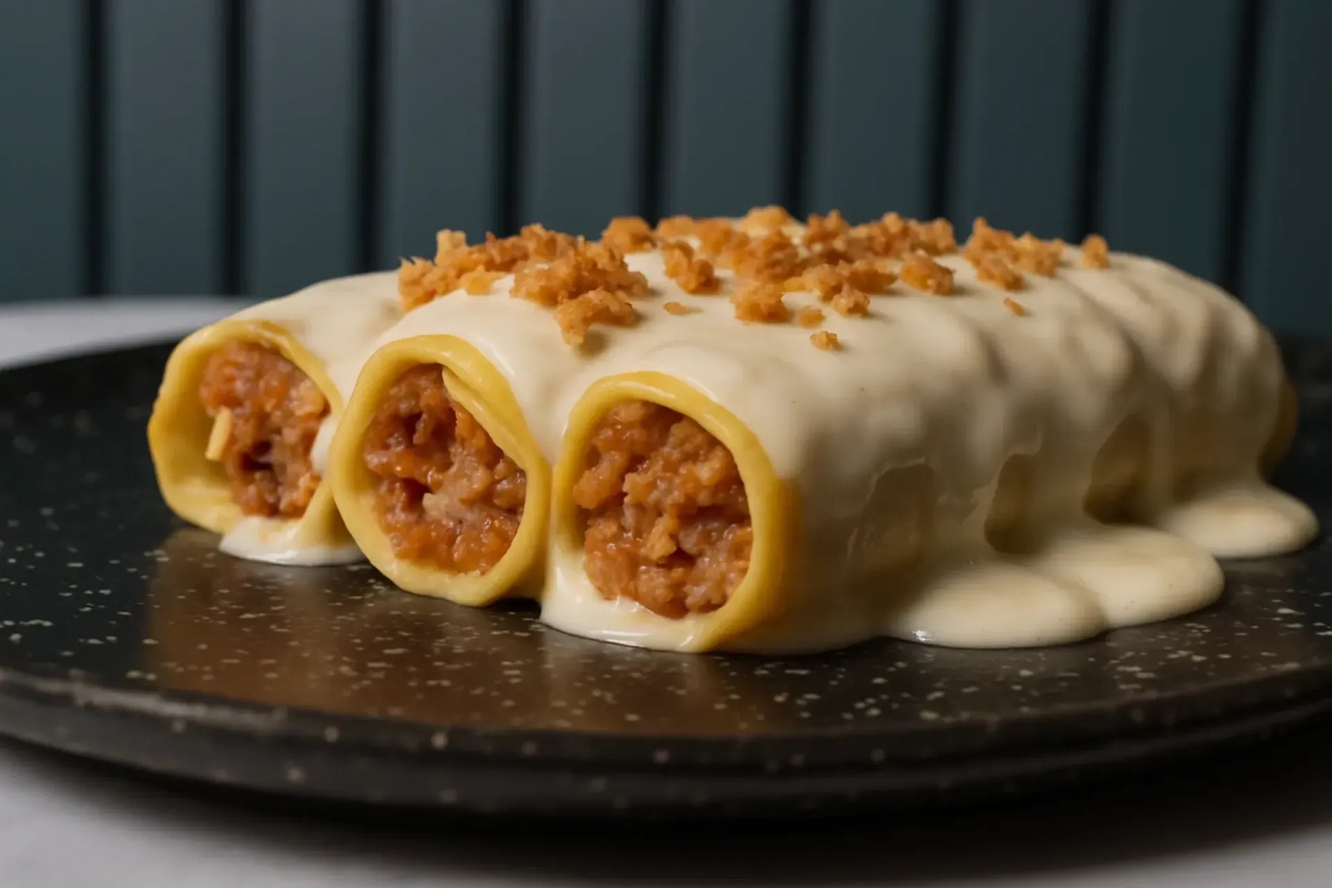 Plato de pasta tipo canelones con salsa blanca cremosa, cubierto con migas, sobre un plato negro.