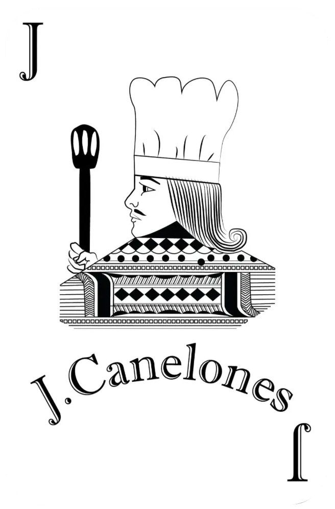 Tarjeta de Jack de Canelones; chef sosteniendo un utensilio, con texto "J. Canelones".