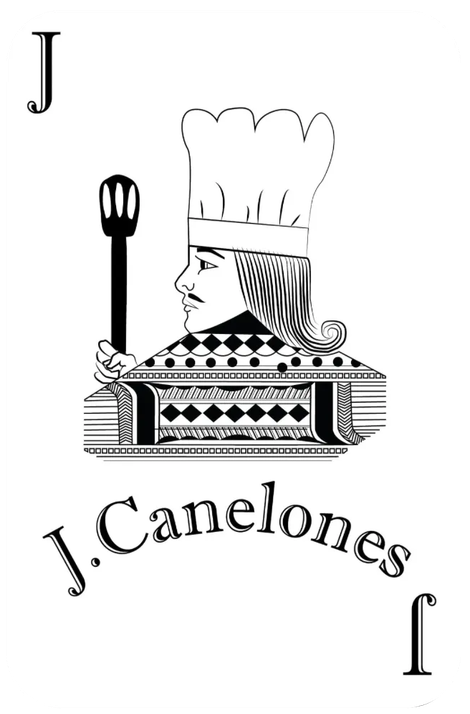 Tarjeta de Jack de Canelones; chef sosteniendo un utensilio, con texto "J. Canelones".