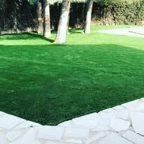Césped verde bordeado por un pavimento de piedra blanca con árboles al fondo.