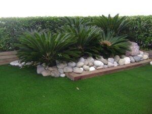 Parterre ajardinado con exuberantes arbustos verdes, piedras blancas y un borde de césped bien cuidado.