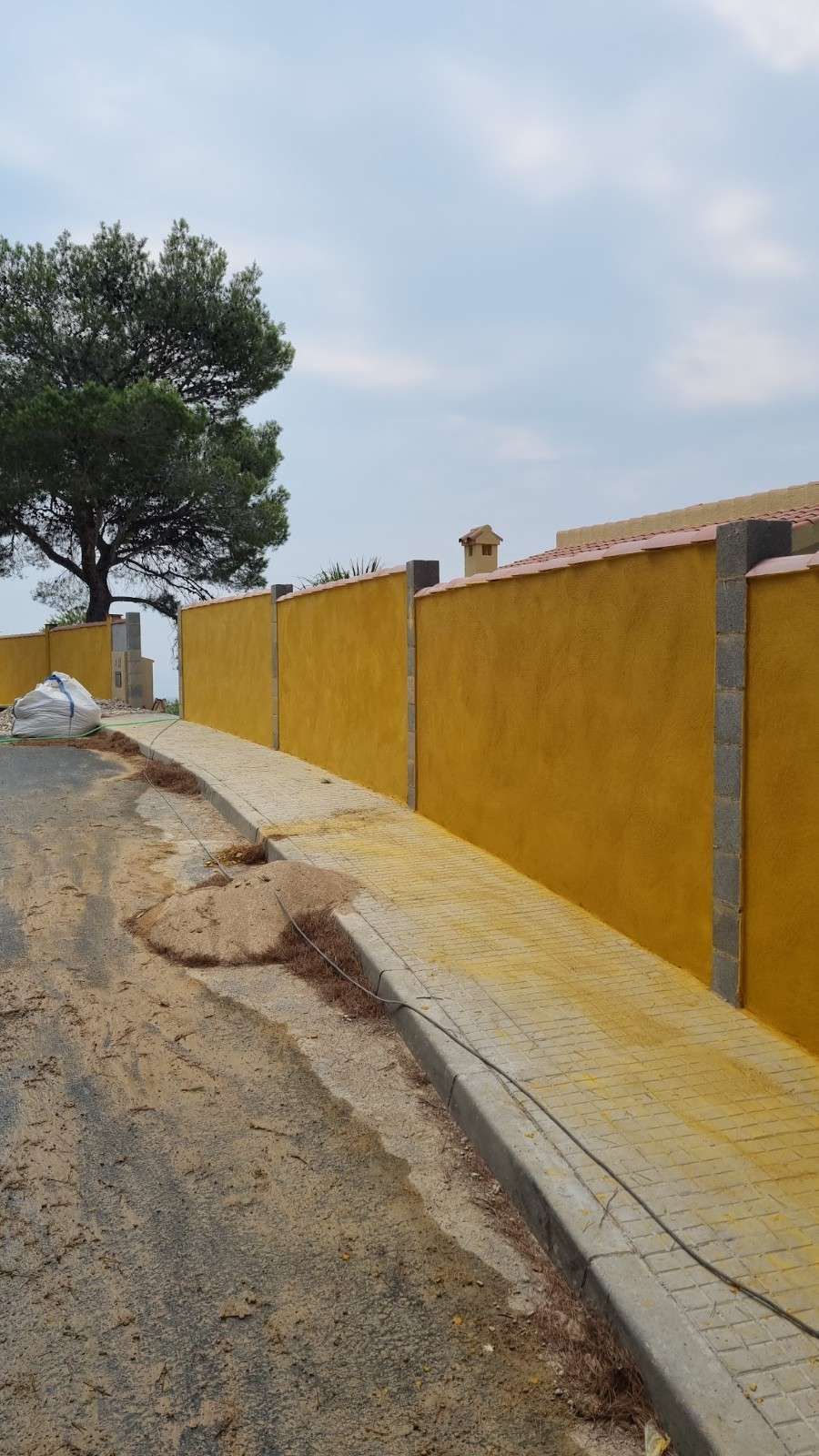 Muro amarillo a lo largo de una carretera inclinada junto a un árbol bajo un cielo nublado.
