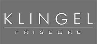 Logo für Klingel Friseure, einen Friseursalon, mit weißem Text auf grauem Hintergrund.