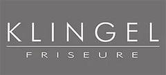 Logo für Klingel Friseure, einen Friseursalon, mit weißem Text auf grauem Hintergrund.