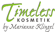 Zeitloses Kosmetik-Logo mit grüner Schreibschrift über schwarzem Text: „by Marianne Klingel“.