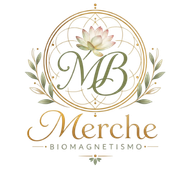 Logotipo floral dorado con el texto “MB Merche” y “BIOMAGNETISMO”.