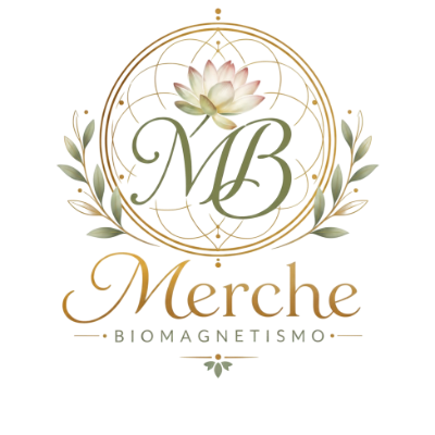 Logotipo floral dorado con el texto “MB Merche” y “BIOMAGNETISMO”.