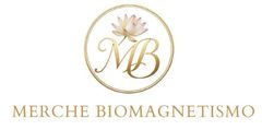 Logotipo floral dorado con el texto “MB Merche” y “BIOMAGNETISMO”.