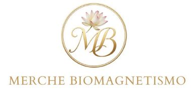 Logotipo floral dorado con el texto “MB Merche” y “BIOMAGNETISMO”.