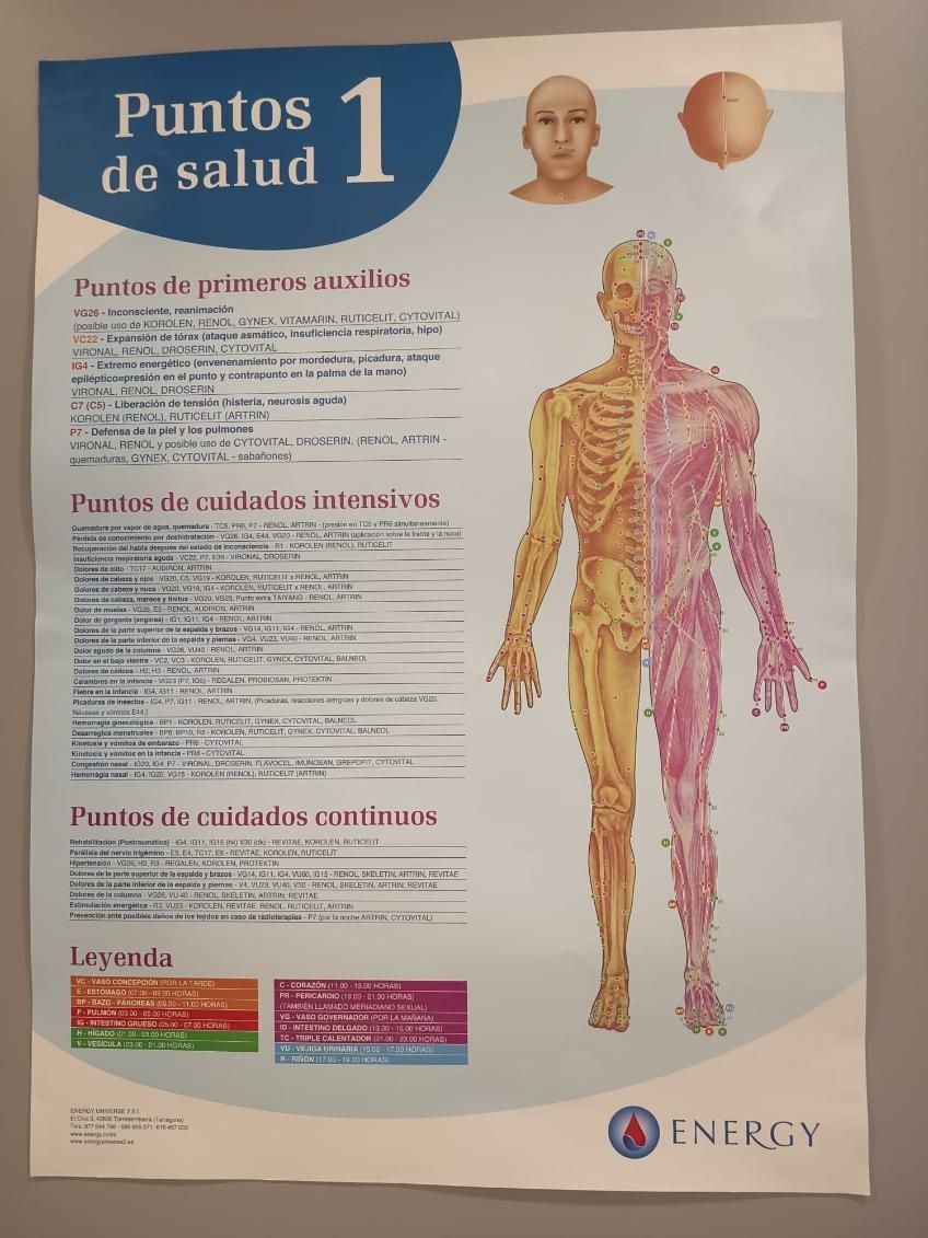 Cartel titulado “Puntos de salud” con diagramas del cuerpo humano e información sobre salud en español.