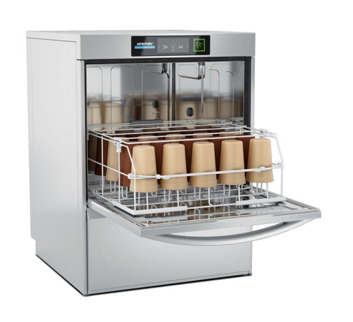 Un lave-vaisselle en acier inoxydable à panier.