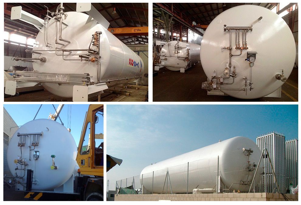 Collage de grandes tanques industriales cilíndricos blancos con tuberías, válvulas y escaleras, tanto en interiores como en exteriores.