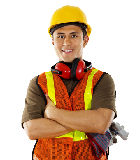 Ouvrier avec casque de protection et auditif