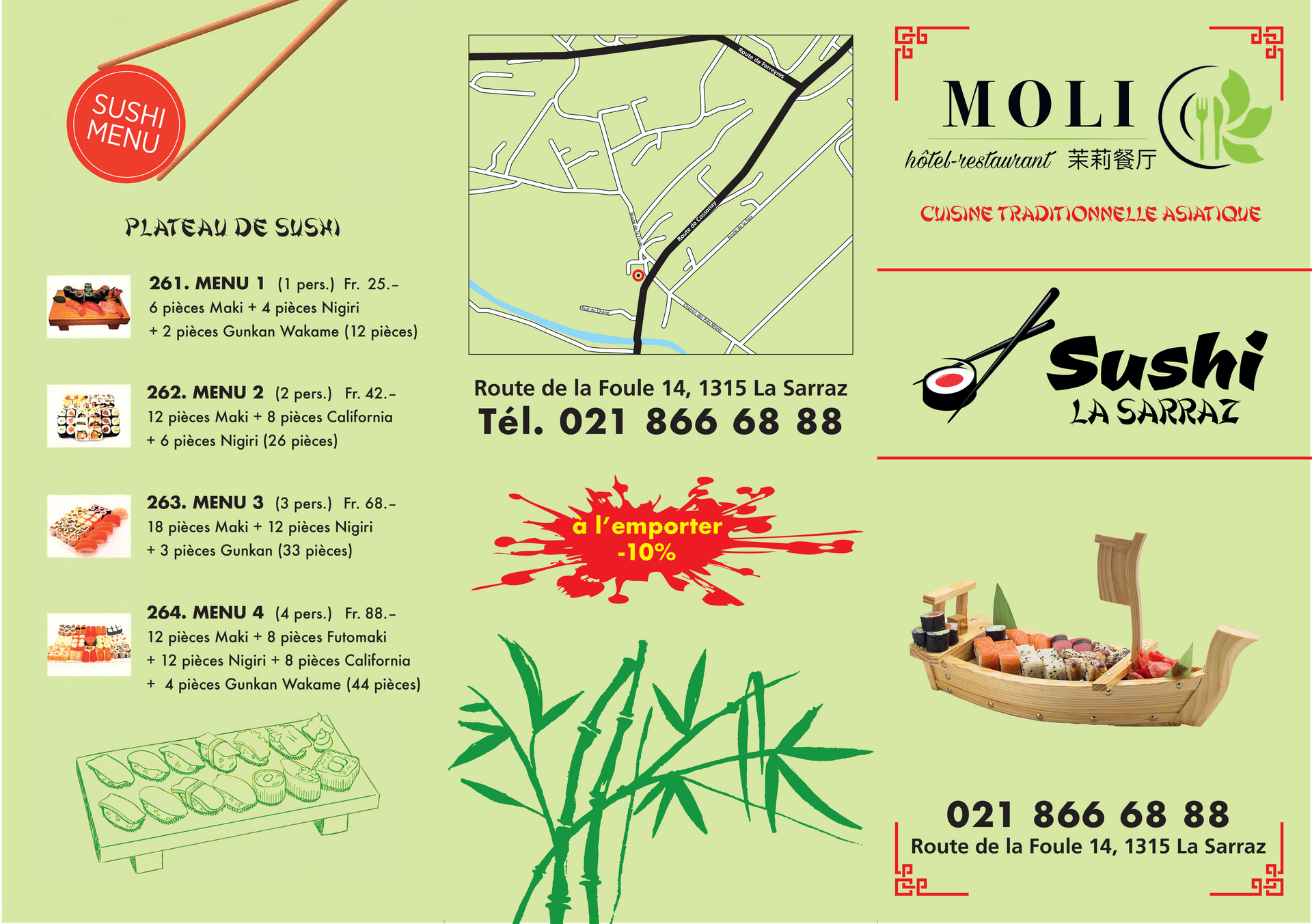 verso de la carte et menus de restaurant Moli de spécialités japonaises 