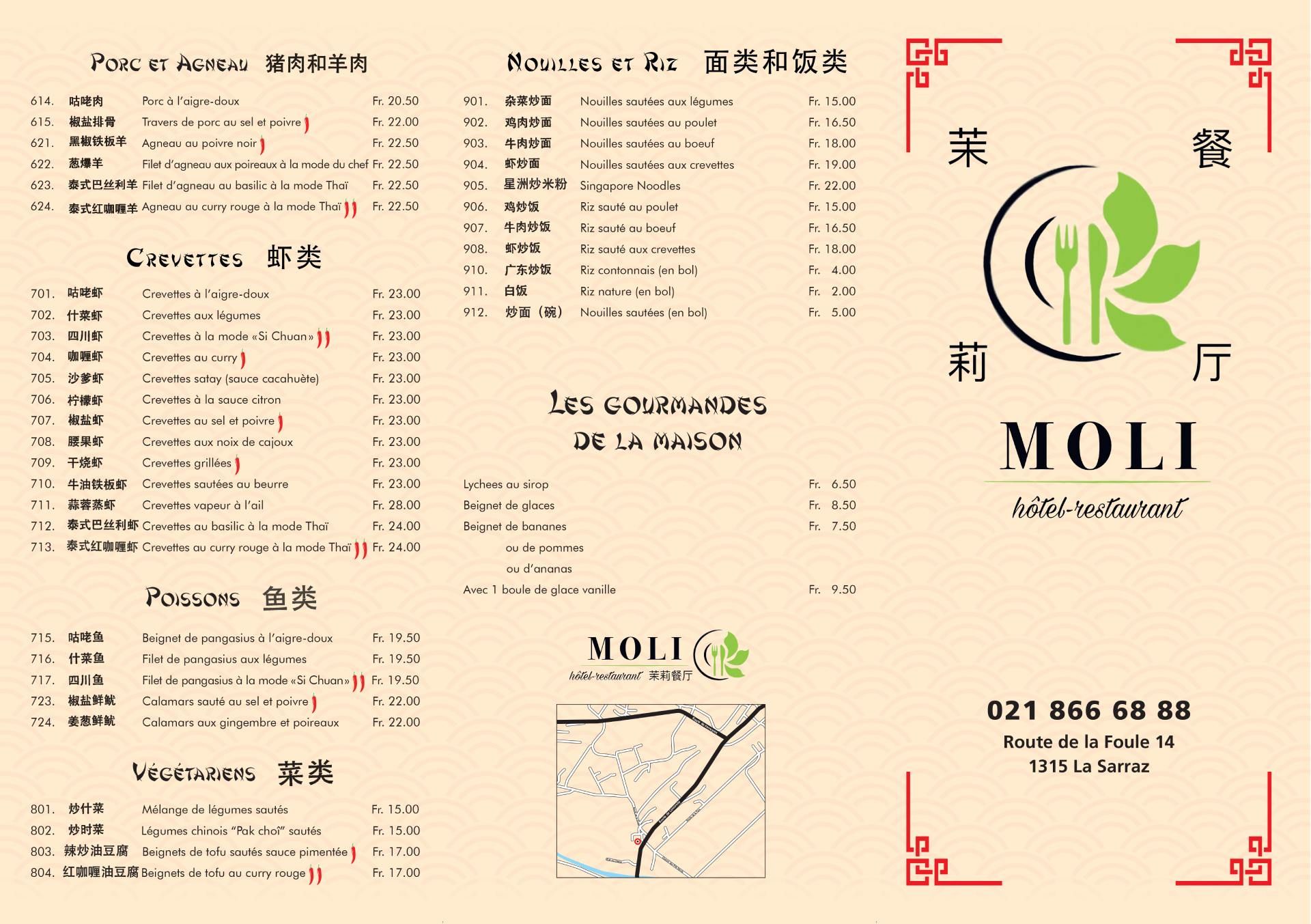 recto carte des plats et menus du restaurant Moli avec des spécialités thaïlandaises et chinoises