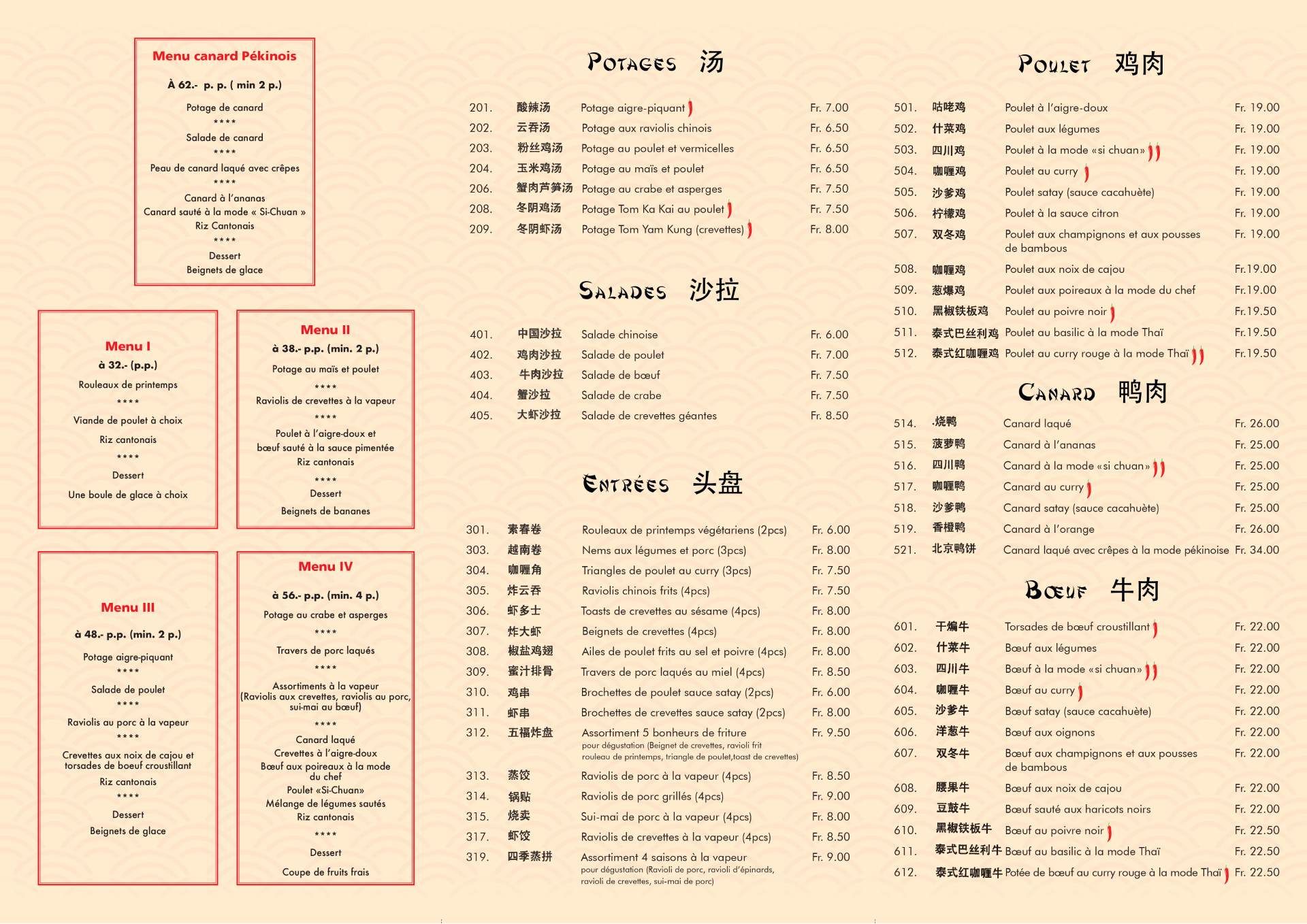 verso carte des plats et menus du restaurant Moli avec des spécialités thaïlandaises et chinoises