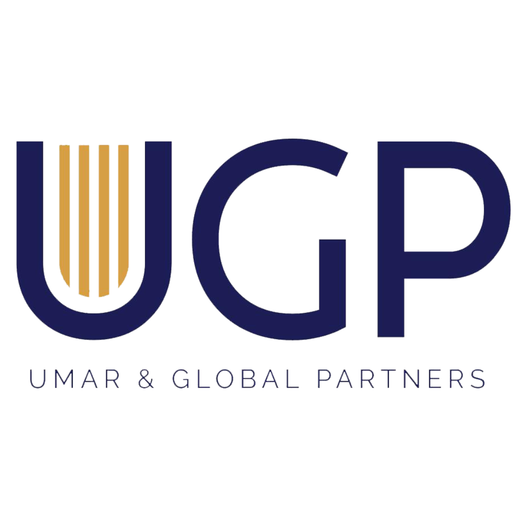 Logotipo da UGP em azul marinho e dourado com o texto “Umar & Global Partners”