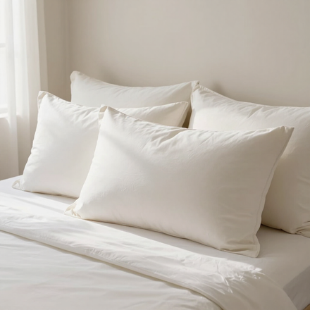 Cama blanca impecablemente hecha con almohadas apiladas y luz natural tenue que entra por una cortina transparente.