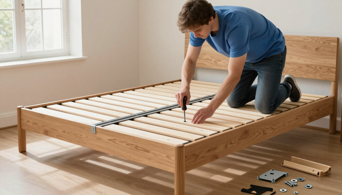 Una persona ensambla un armazón de cama de madera en una habitación luminosa con herramientas y herrajes a su alcance.