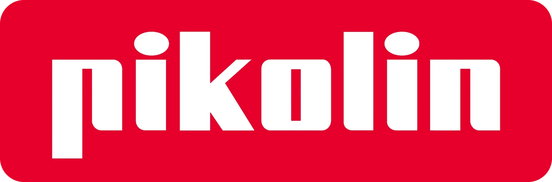 Logotipo blanco de “nikolin” sobre un fondo rectangular redondeado de color rojo.