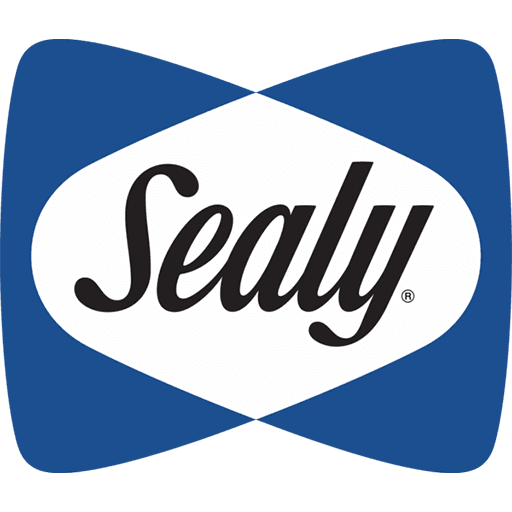 Logotipo de Sealy en letra cursiva blanca sobre un fondo azul y blanco con forma de reloj de arena.