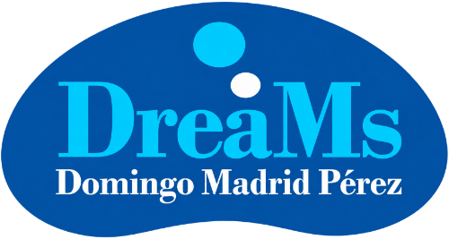 Logotipo ovalado azul con la inscripción “DreaMs Domingo Madrid Pérez” en texto blanco y azul claro.