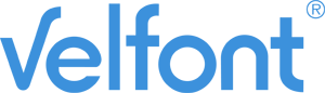Logotipo azul “Velfont” sobre fondo blanco