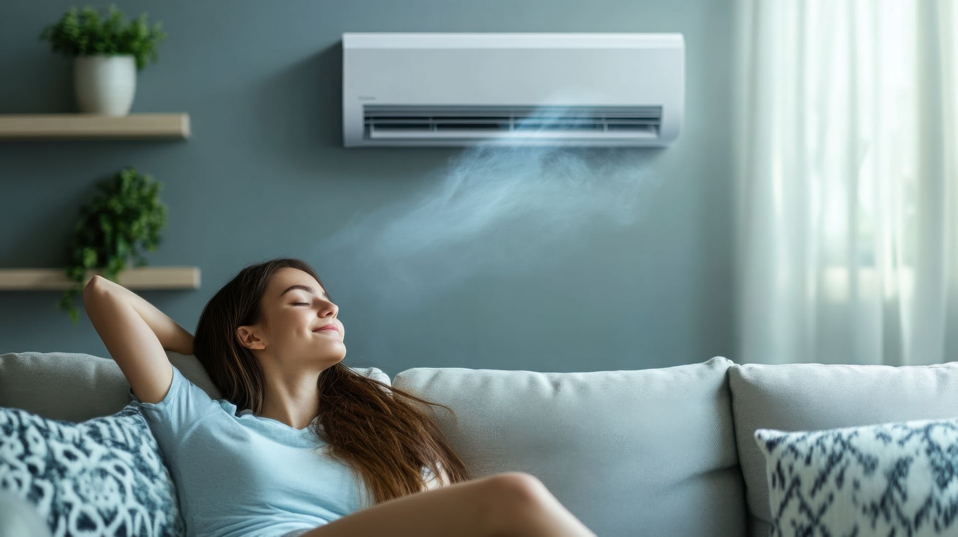 Une femme se détend sur un canapé, profitant de la climatisation.