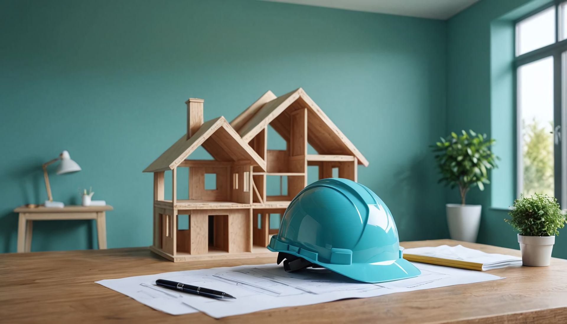 Maquette de maison en bois, plan et casque de chantier turquoise sur un bureau en bois.