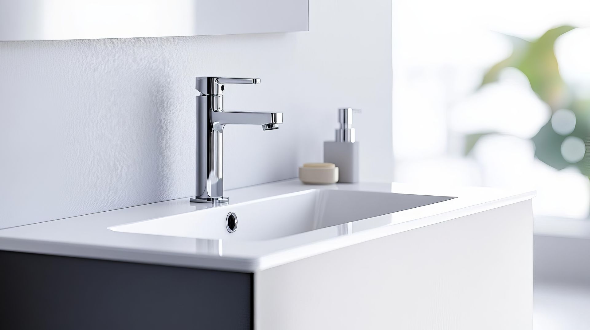 Lavabo de salle de bains avec robinet chromé, distributeur de savon et savon.