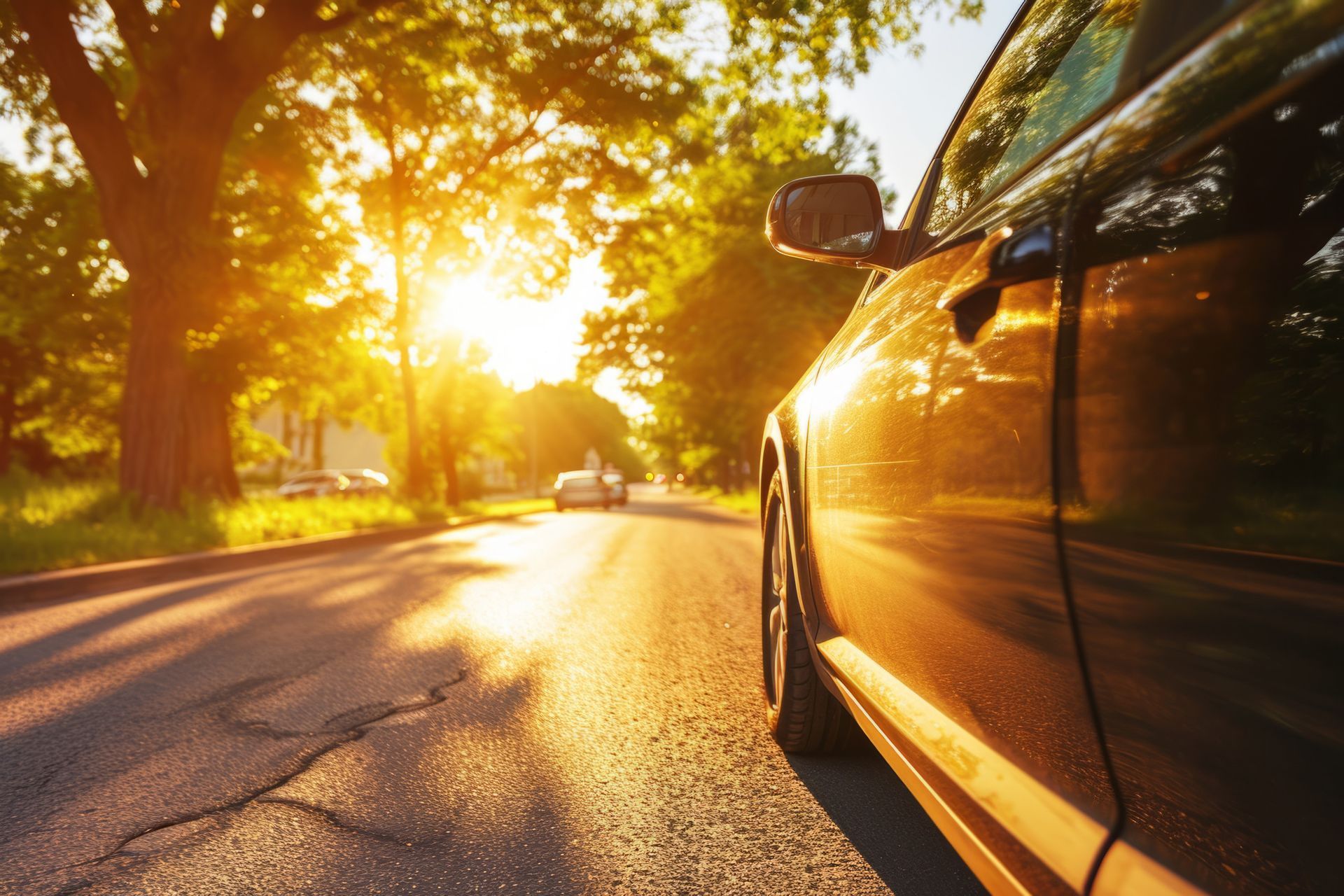 Un coche circula por una carretera con el sol brillando a través de los árboles.
