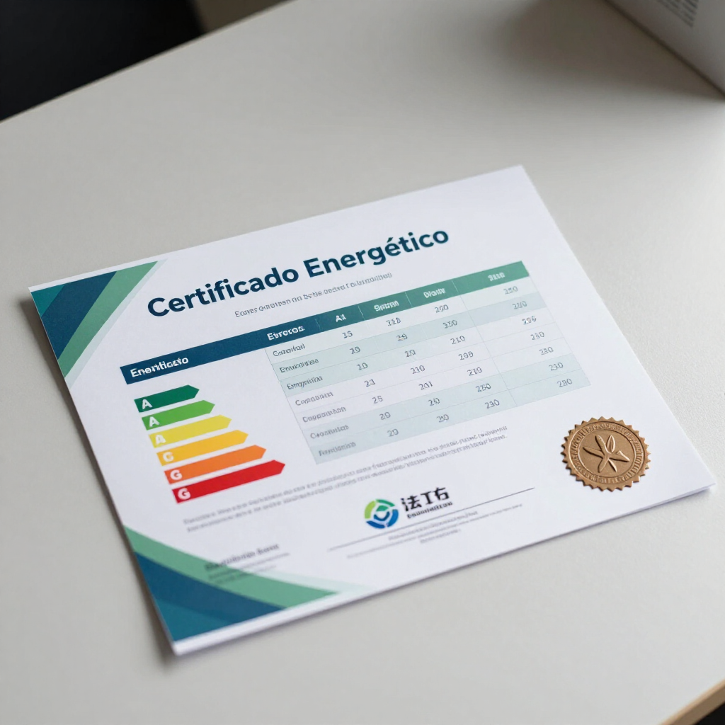 Certificado Energético sobre mesa, con escala de eficiencia de colores y sello dorado