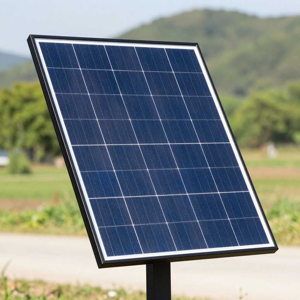 Panel solar instalado al aire libre en un campo soleado con colinas al fondo.