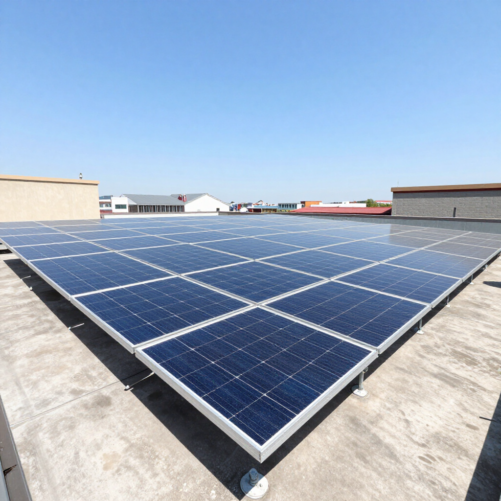 Paneles solares en una azotea plana bajo un cielo azul despejado.