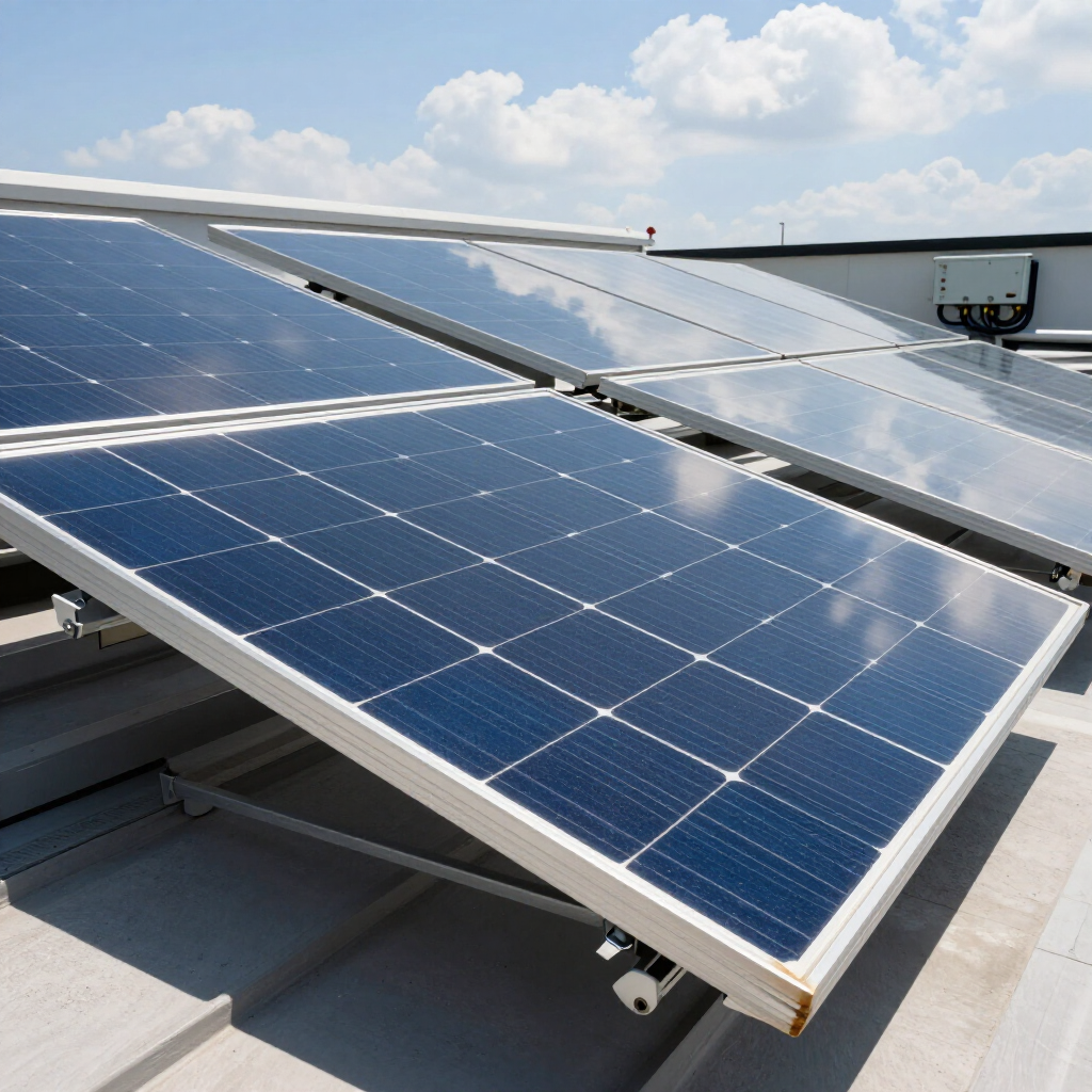 Paneles solares ajustables en el tejado bajo un cielo azul brillante con nubes dispersas.