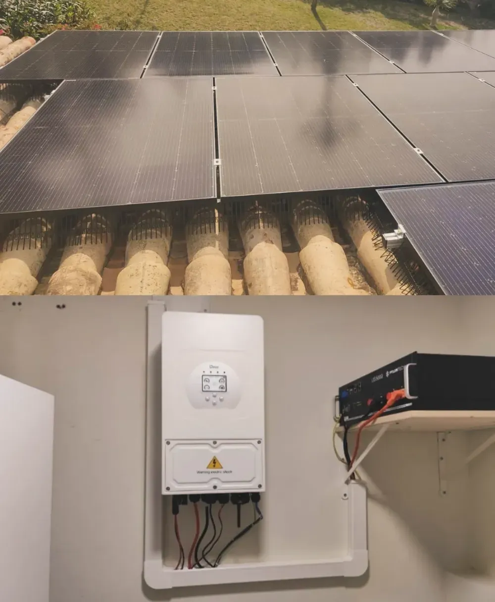 Paneles solares en el tejado, encima de un inversor montado en la pared, y cableado dentro de un cuarto de servicio.