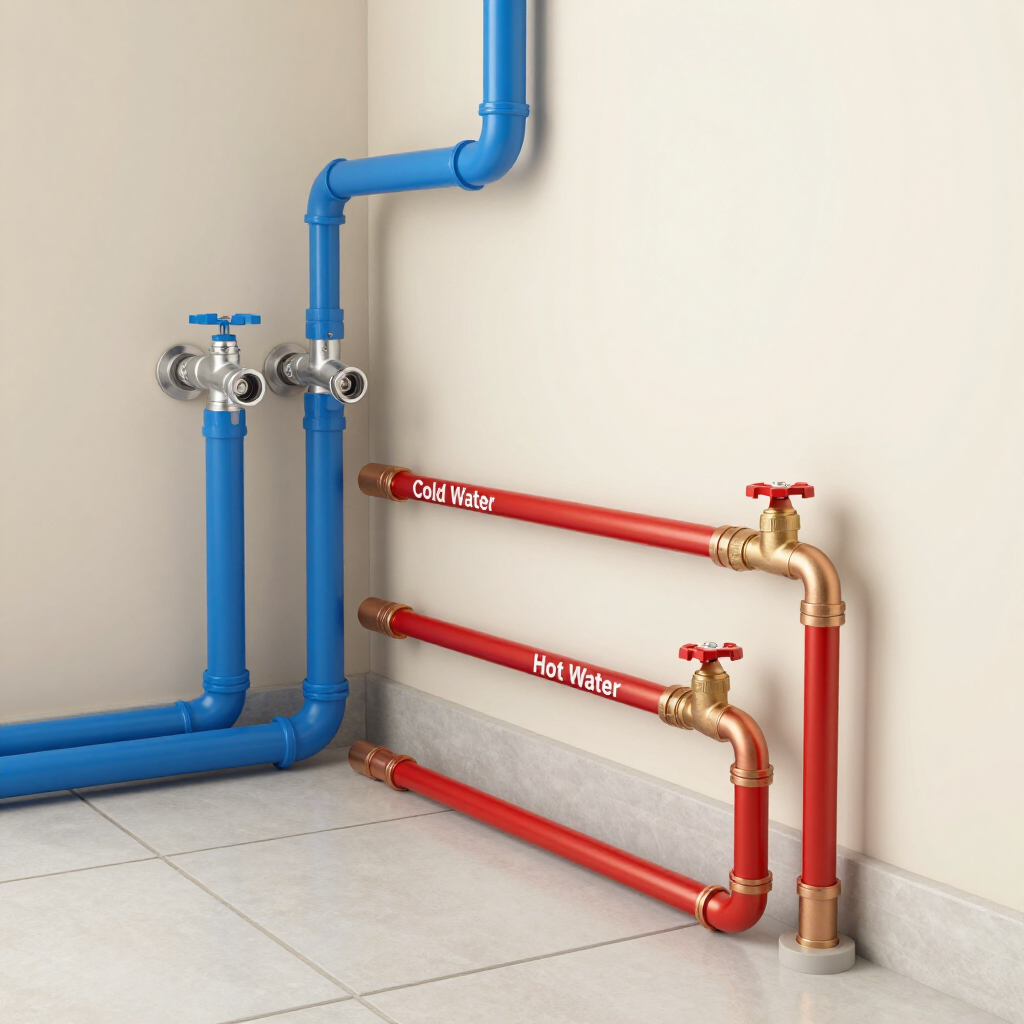 Tuberías de agua caliente/fría azules y rojas conectadas a válvulas a lo largo de la pared del baño.