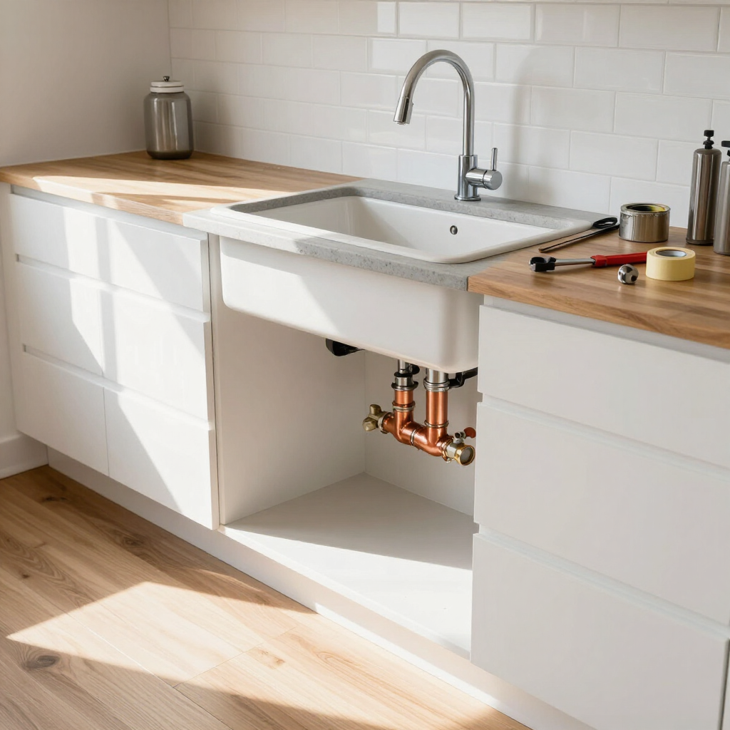 Cocina moderna con armarios blancos, encimera de madera, fregadero y tuberías a la vista debajo del fregadero.