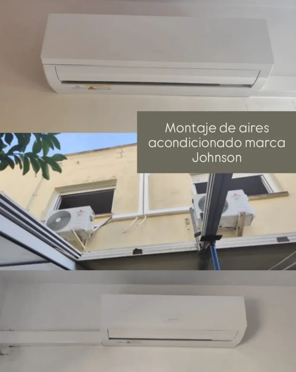 Montaje de instalación de aire acondicionado con unidades interiores blancas y un técnico trabajando.