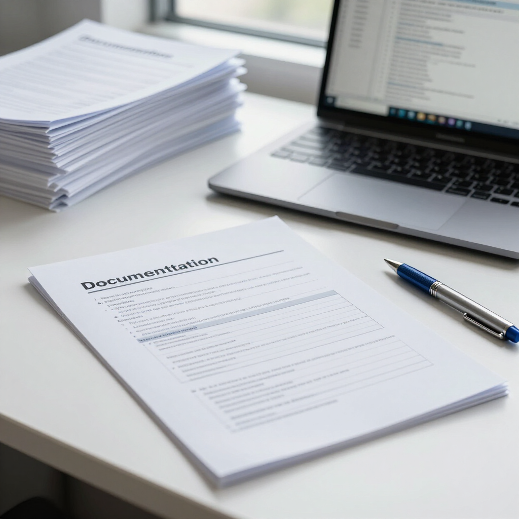 Un formulario de documentación sobre un escritorio junto a una computadora portátil, un bolígrafo y una pila de papeles.