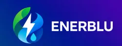 Logotipo de ENERBLU con icono circular de gota de agua azul sobre fondo azul.