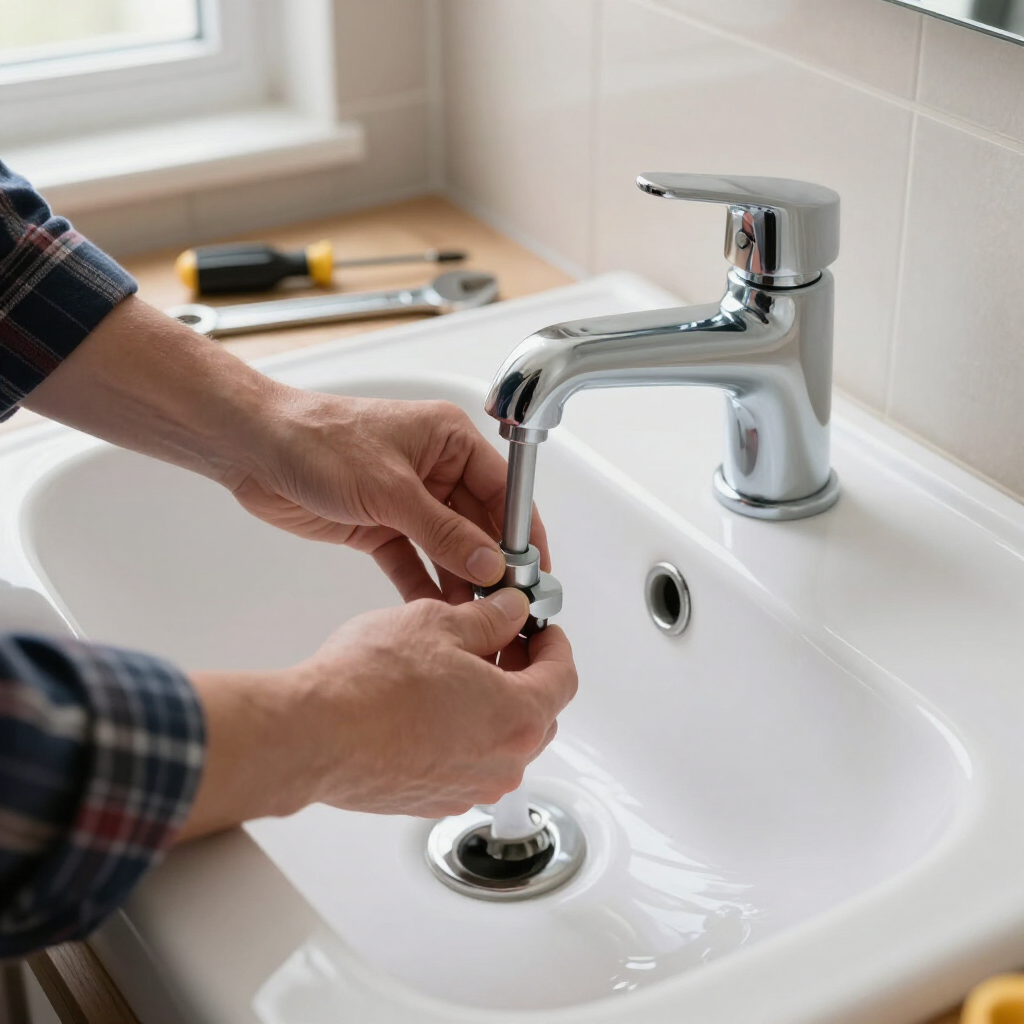 Manos apretando un conector de grifo cromado sobre un lavabo blanco.