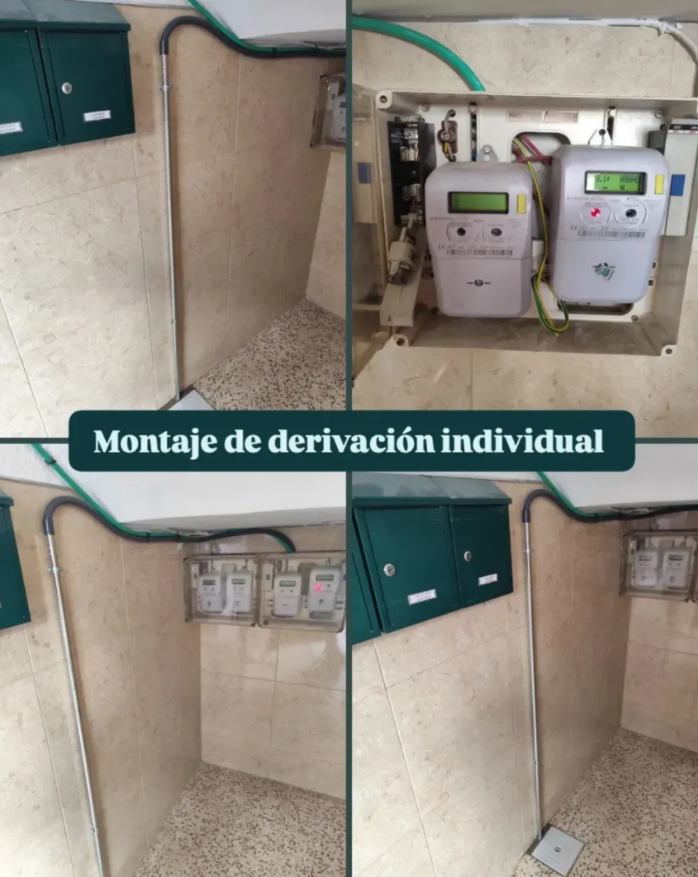 Montaje de derivación individual en cuarto de contadores con armarios y medidores eléctricos en pared.