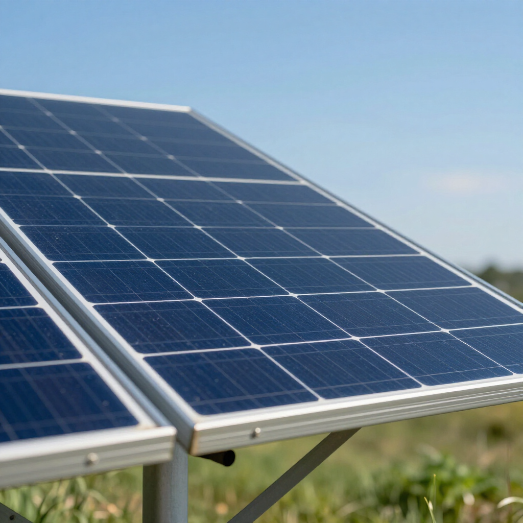 Paneles solares en un campo bajo un cielo azul despejado.