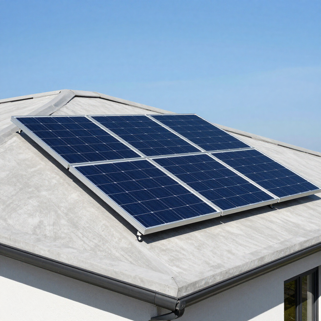Paneles solares instalados en un techo blanco bajo un cielo azul despejado.