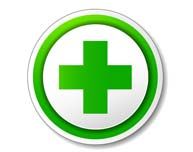 Una cruz verde en un círculo blanco sobre un fondo blanco.
