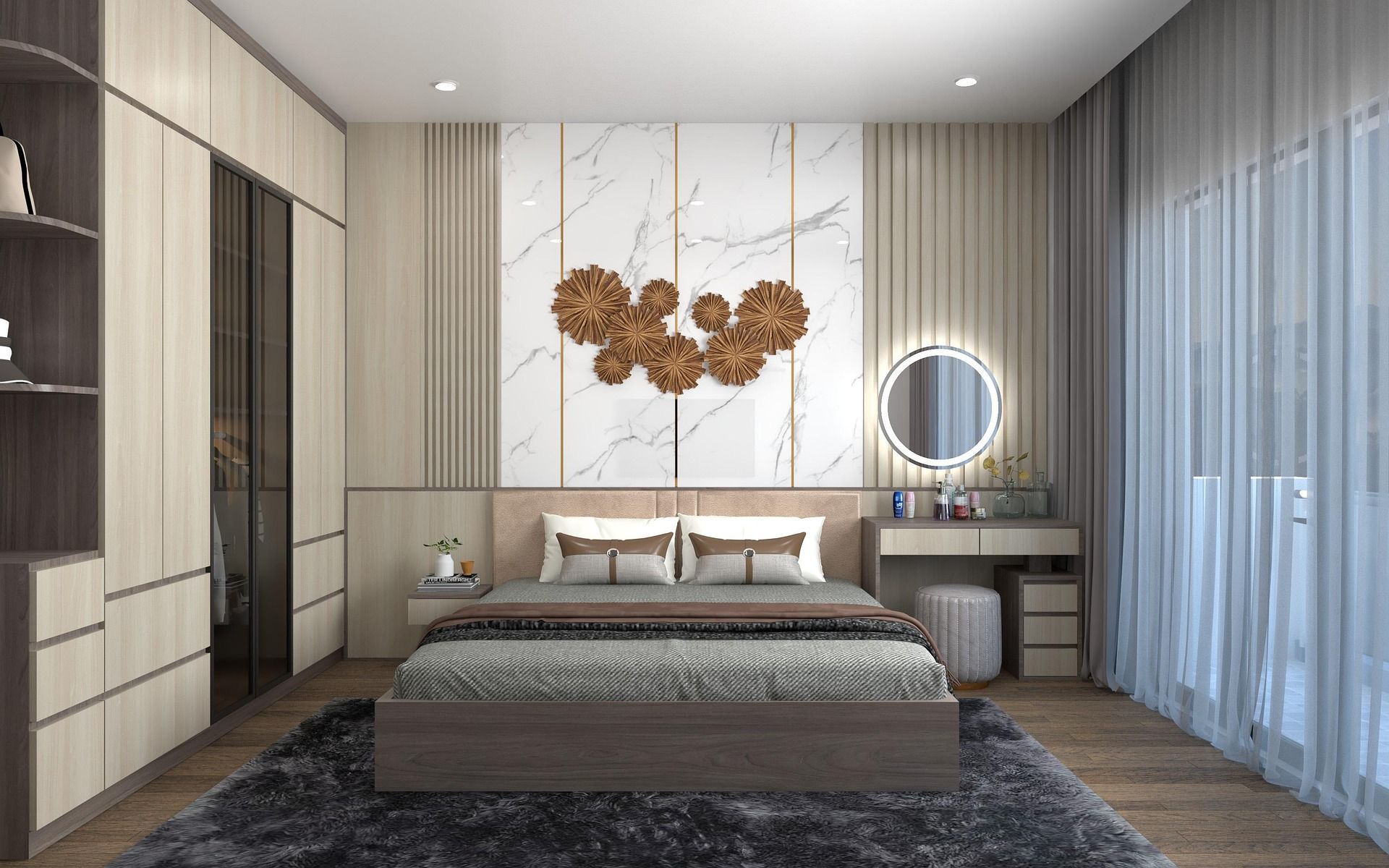 Chambre moderne avec un grand lit, des tableaux floraux et des rideaux allant du sol au plafond.